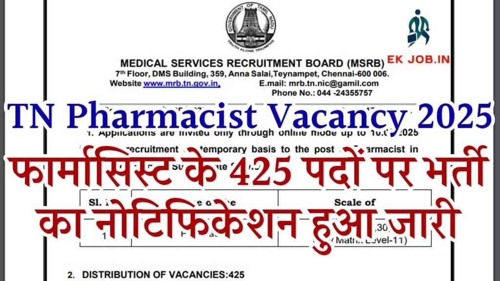 Tamil Nadu Pharmacist Patwari Vacancy 2025 Ekjob.in