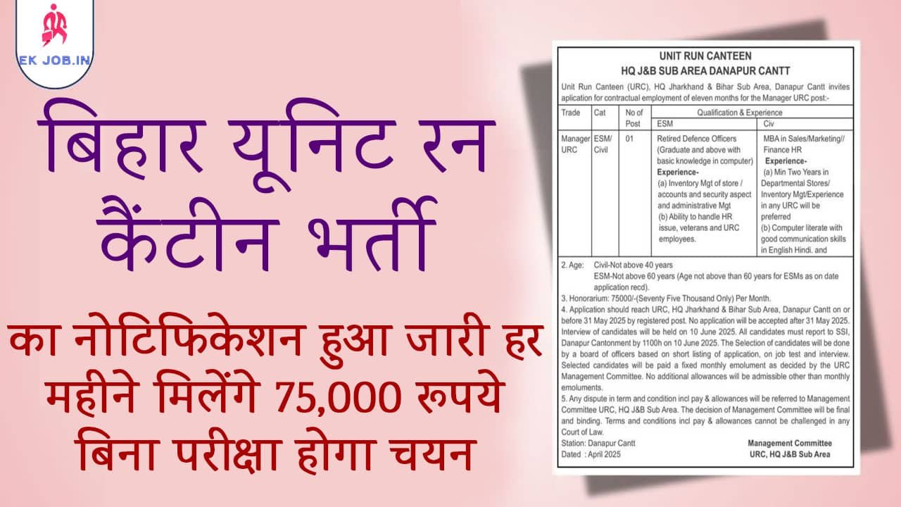 Bihar Unit Run Canteen Vacancy 2025
